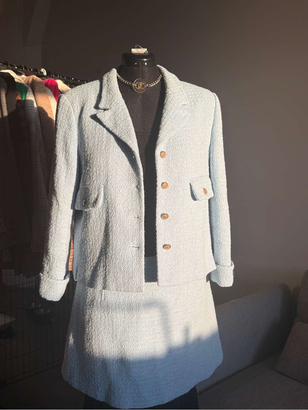 Zara set w/ chanel buttons Classic Light Blue Tweed Jacket & Skirt Set